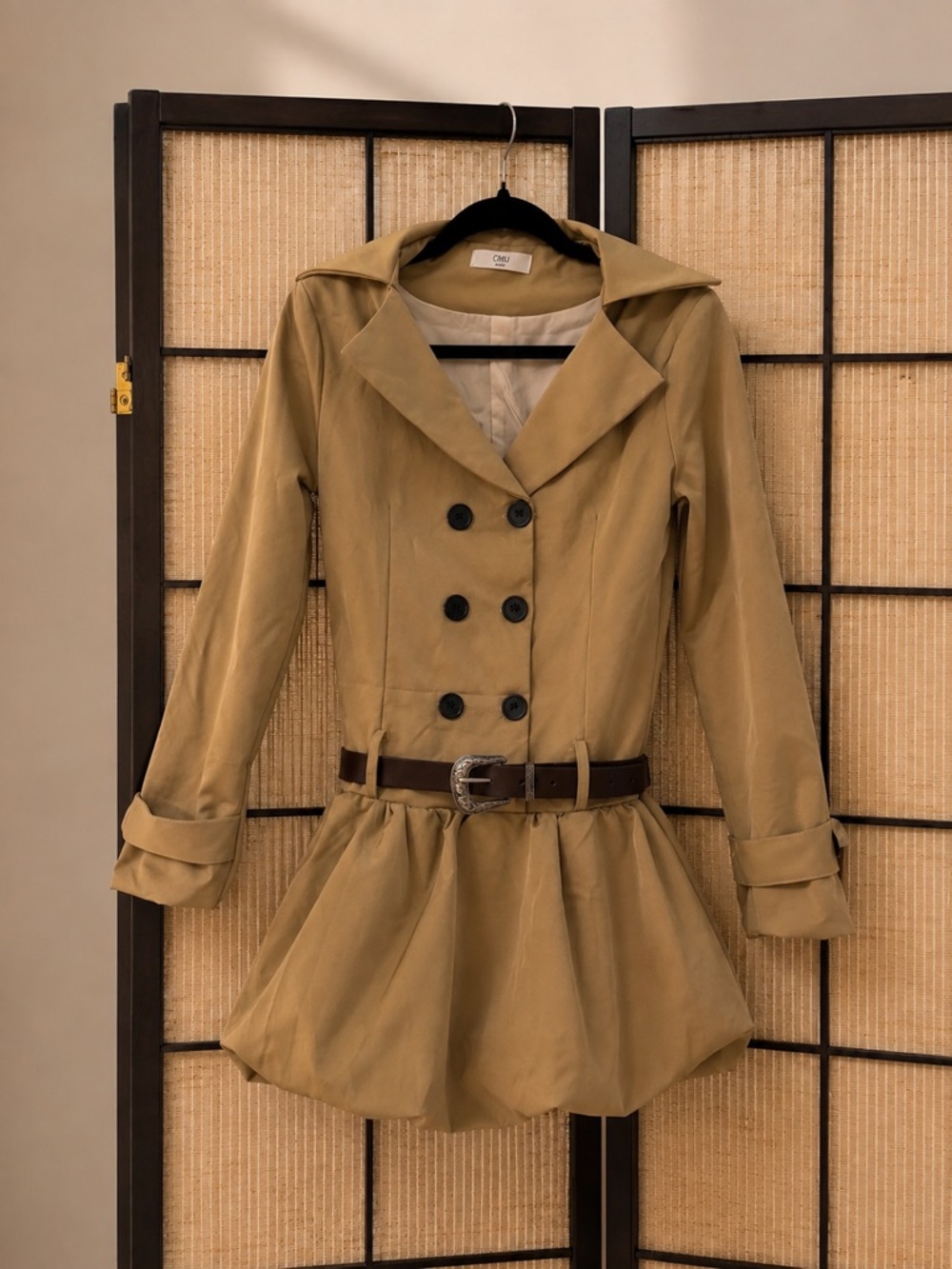 NEW Beige Double Breasted Belted Trench Mini Dress